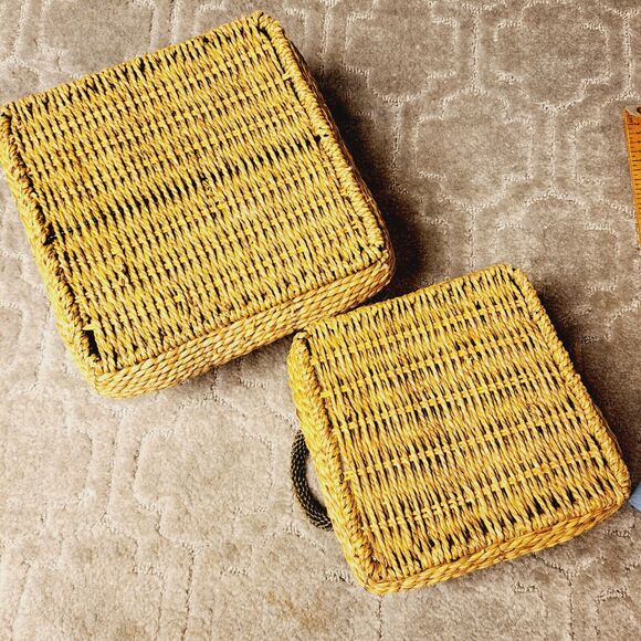 Square Wicker Nesting Baskets LOT OF 2 BLACK METAL HANDLES TRIM rustic cottage - Picture 8 of 11